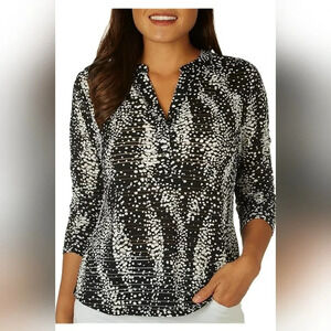 🖤Womens XL Emily Daniels Burnout Knit Dot Henley Blouse Business Casual Office